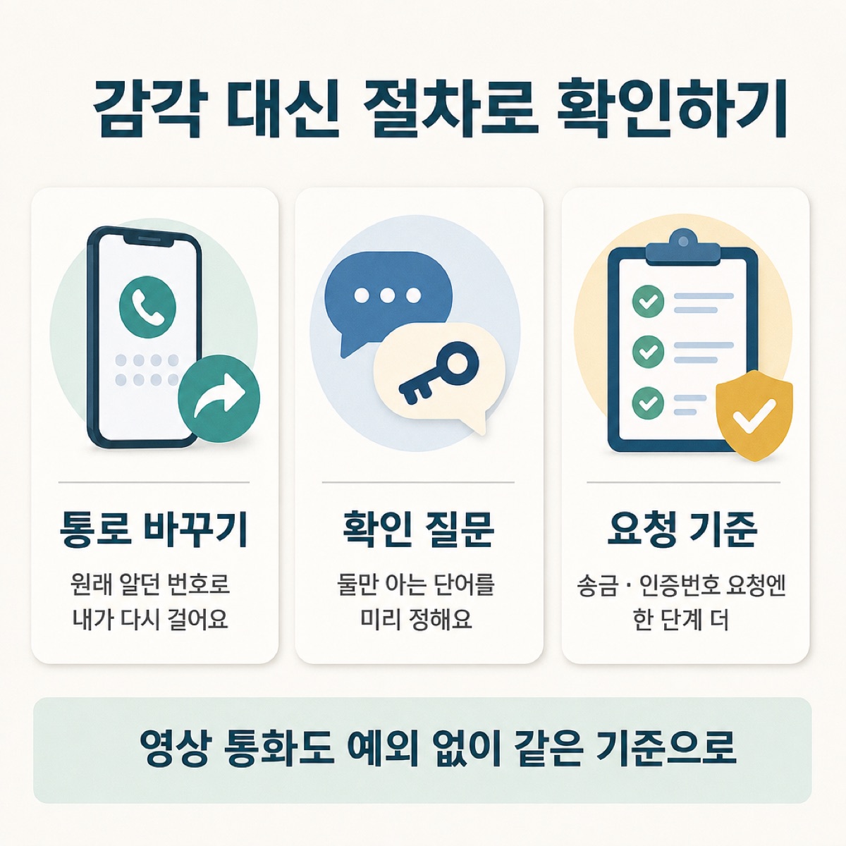 감각 대신 절차로 확인하기 — 통로 바꾸기(원래 번호로 다시 걸기)·확인 질문(둘만 아는 단어)·요청 기준(송금·인증번호엔 한 단계 더)