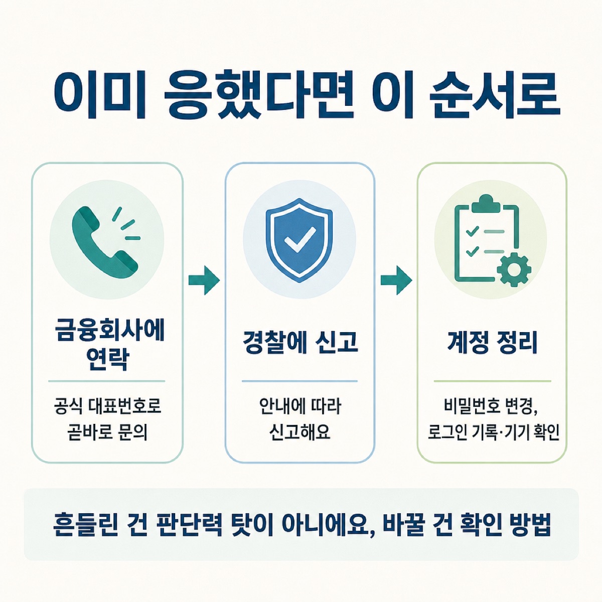 사칭에 이미 응했을 때 순서 — 금융회사에 공식 대표번호로 연락, 경찰에 신고, 비밀번호 변경·로그인 기록 확인으로 계정 정리