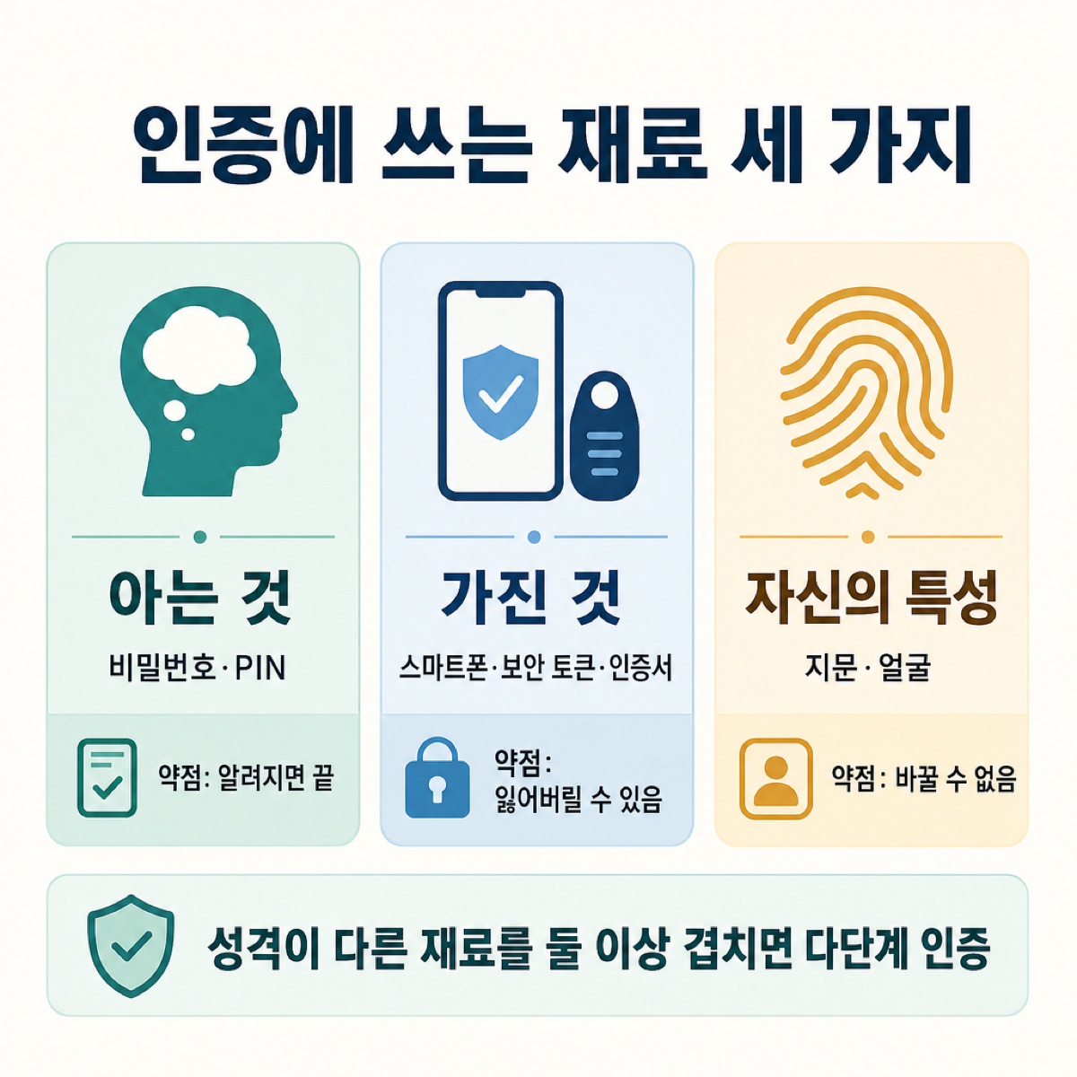 인증에 쓰는 재료 세 가지인 아는 것(비밀번호)·가진 것(스마트폰·토큰)·자신의 특성(지문)과 각 약점, 둘 이상 겹치면 다단계 인증