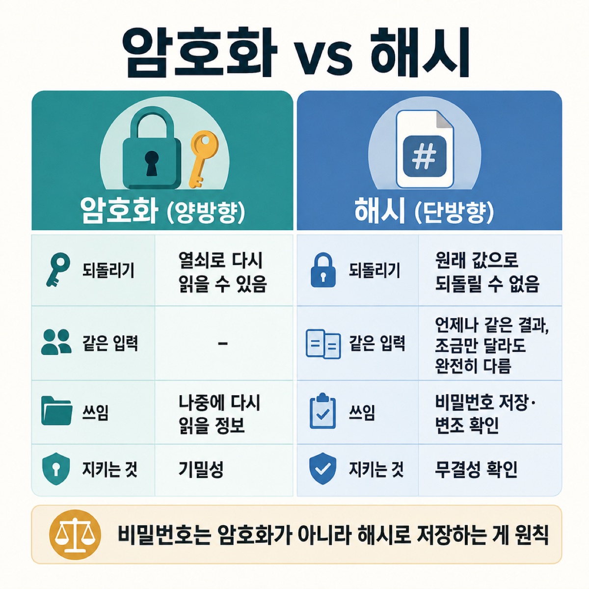 암호화(양방향, 열쇠로 다시 읽음)와 해시(단방향, 되돌릴 수 없음)를 쓰임·지키는 것으로 비교하고, 비밀번호는 해시로 저장한다는 표