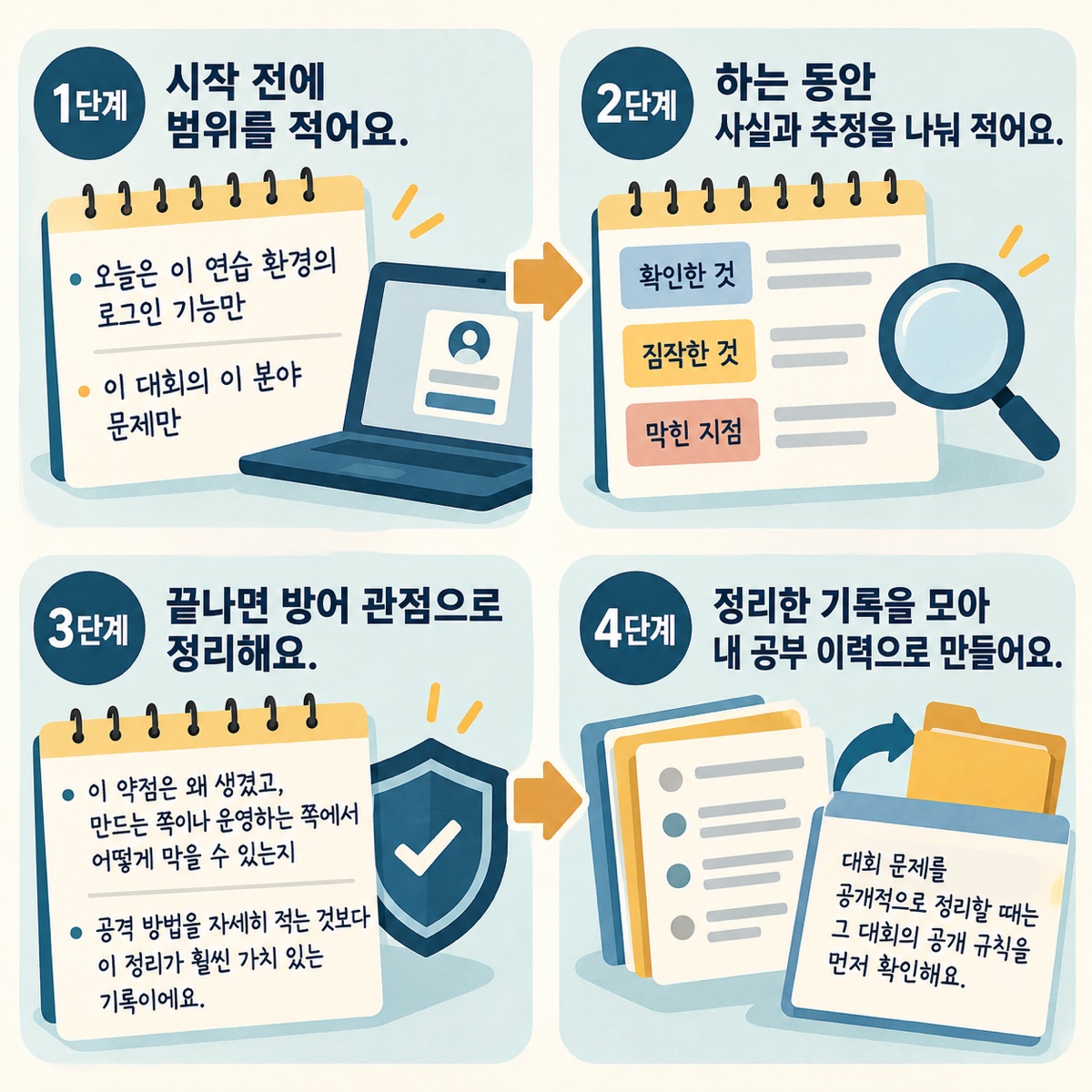 범위 적기, 확인한 것·짐작한 것·막힌 지점 나눠 적기, 방어 관점으로 정리, 기록을 모아 공부 이력 만들기의 네 단계를 수첩 그림으로 보여 주는 그림