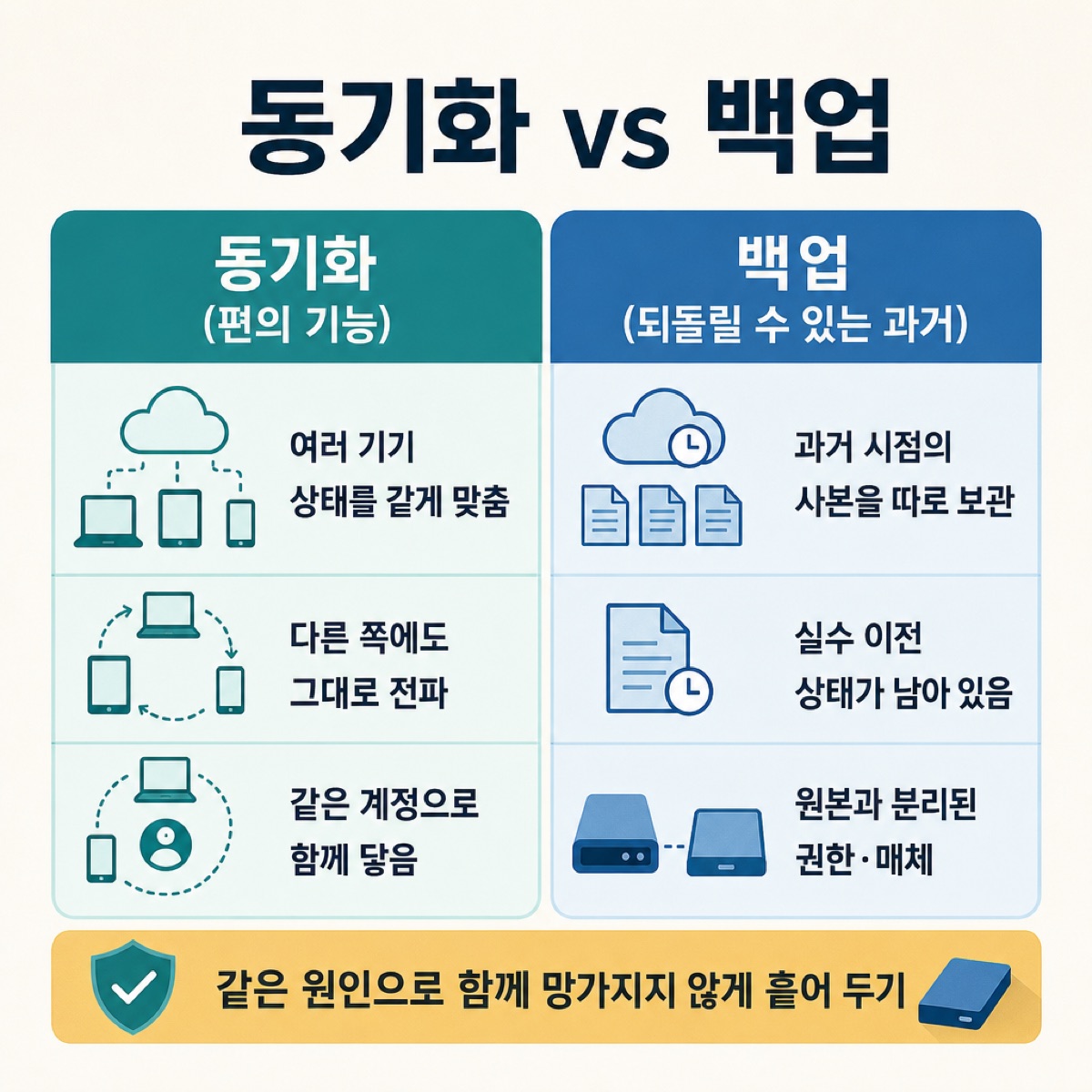 동기화(여러 기기를 같게 맞춰 실수도 전파)와 백업(과거 사본을 원본과 분리해 보관)을 비교하고, 함께 망가지지 않게 흩어 두라는 표