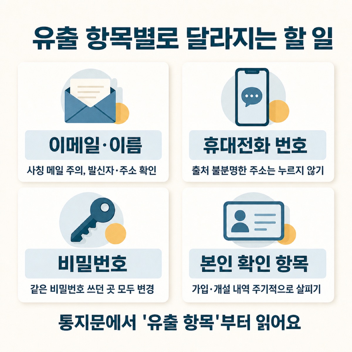 유출 항목별 할 일 — 이메일·이름(사칭 메일 주의)·휴대전화 번호·비밀번호(같은 비밀번호 쓴 곳 변경)·본인 확인 항목을 네 칸으로 나눈 그림