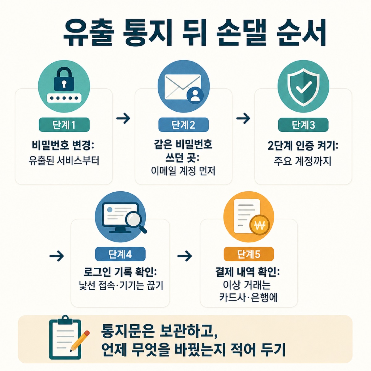 유출 통지 뒤 손댈 순서 다섯 단계 — 비밀번호 변경, 같은 비밀번호 쓴 곳, 2단계 인증, 로그인 기록 확인, 결제 내역 확인, 통지문 보관