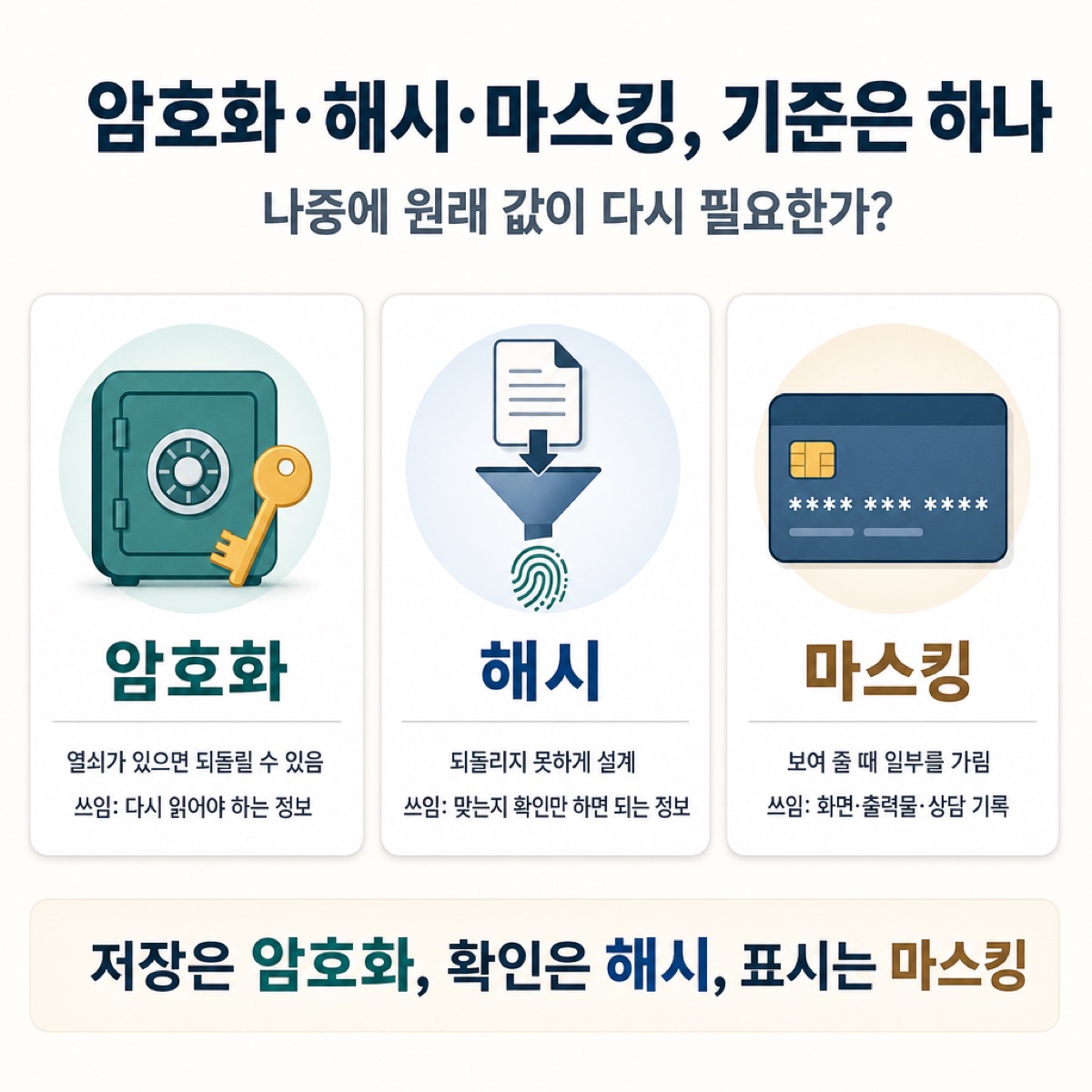 원래 값이 다시 필요한가로 암호화(되돌림)·해시(되돌리지 못함)·마스킹(일부 가림)을 가르고, 저장은 암호화·확인은 해시·표시는 마스킹