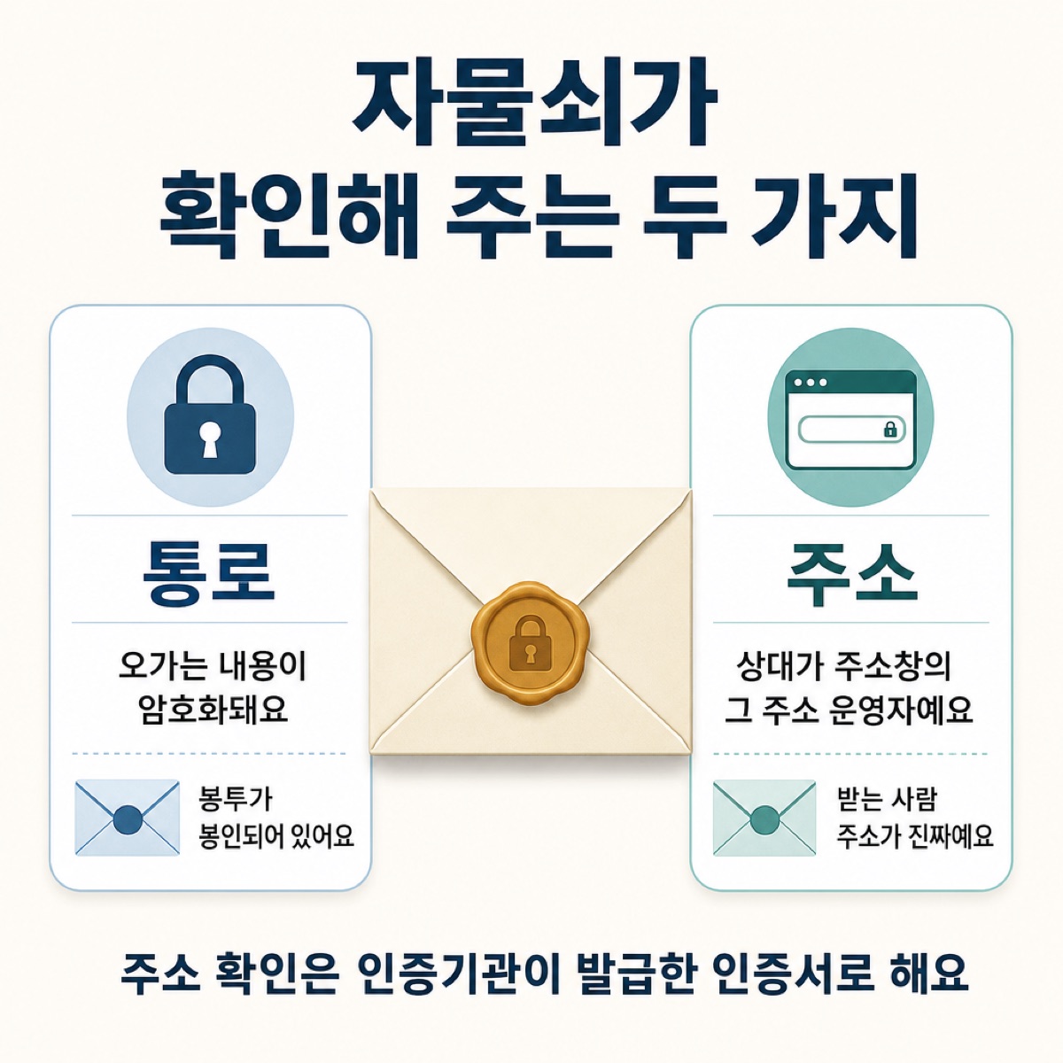 자물쇠가 확인해 주는 두 가지를 봉인된 봉투에 빗댄 그림 — 통로(오가는 내용 암호화)와 주소(주소창의 그 주소 운영자), 인증서로 확인