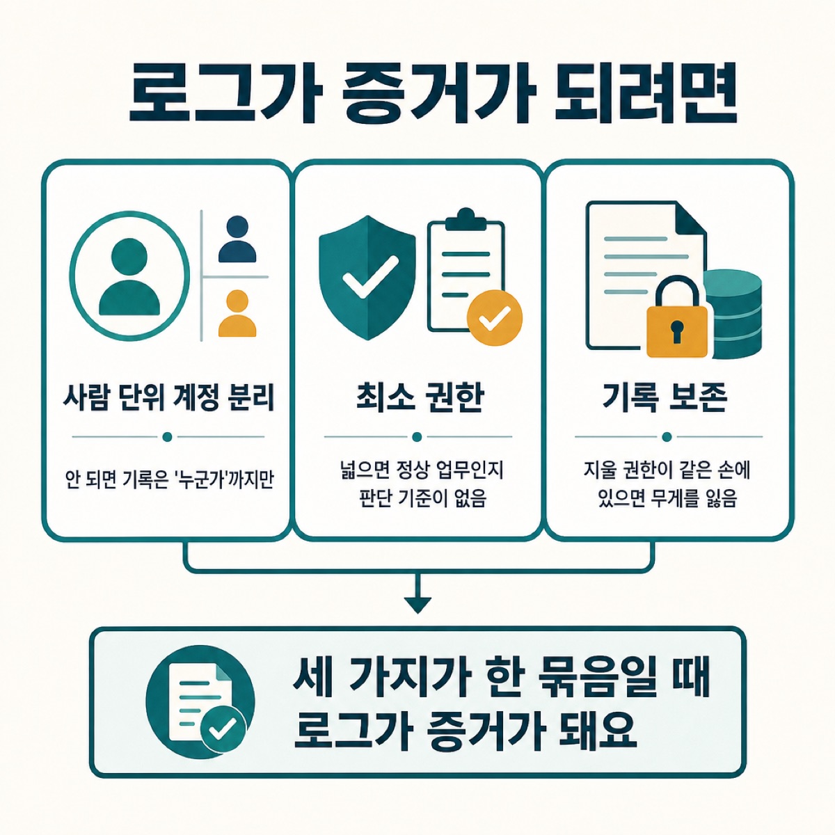 로그가 증거가 되는 세 조건인 사람 단위 계정 분리·최소 권한·기록 보존을 나란히 두고, 세 가지가 한 묶음일 때 증거가 된다는 그림