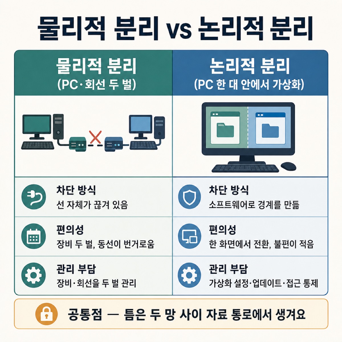 물리적 분리(PC·회선 두 벌, 선이 끊김)와 논리적 분리(PC 한 대 안에서 가상화)를 차단 방식·편의성·관리 부담으로 비교한 표