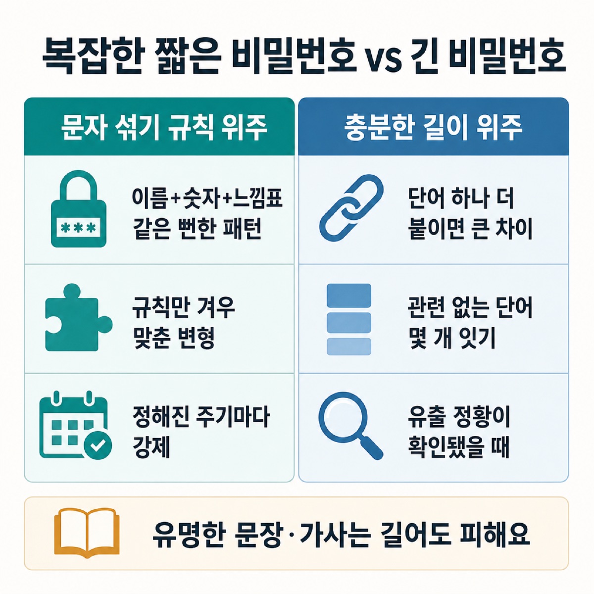 복잡한 짧은 비밀번호(이름+숫자+느낌표 같은 패턴)와 긴 비밀번호(관련 없는 단어 몇 개 잇기)를 비교하고, 유명한 문장·가사는 피하라는 표