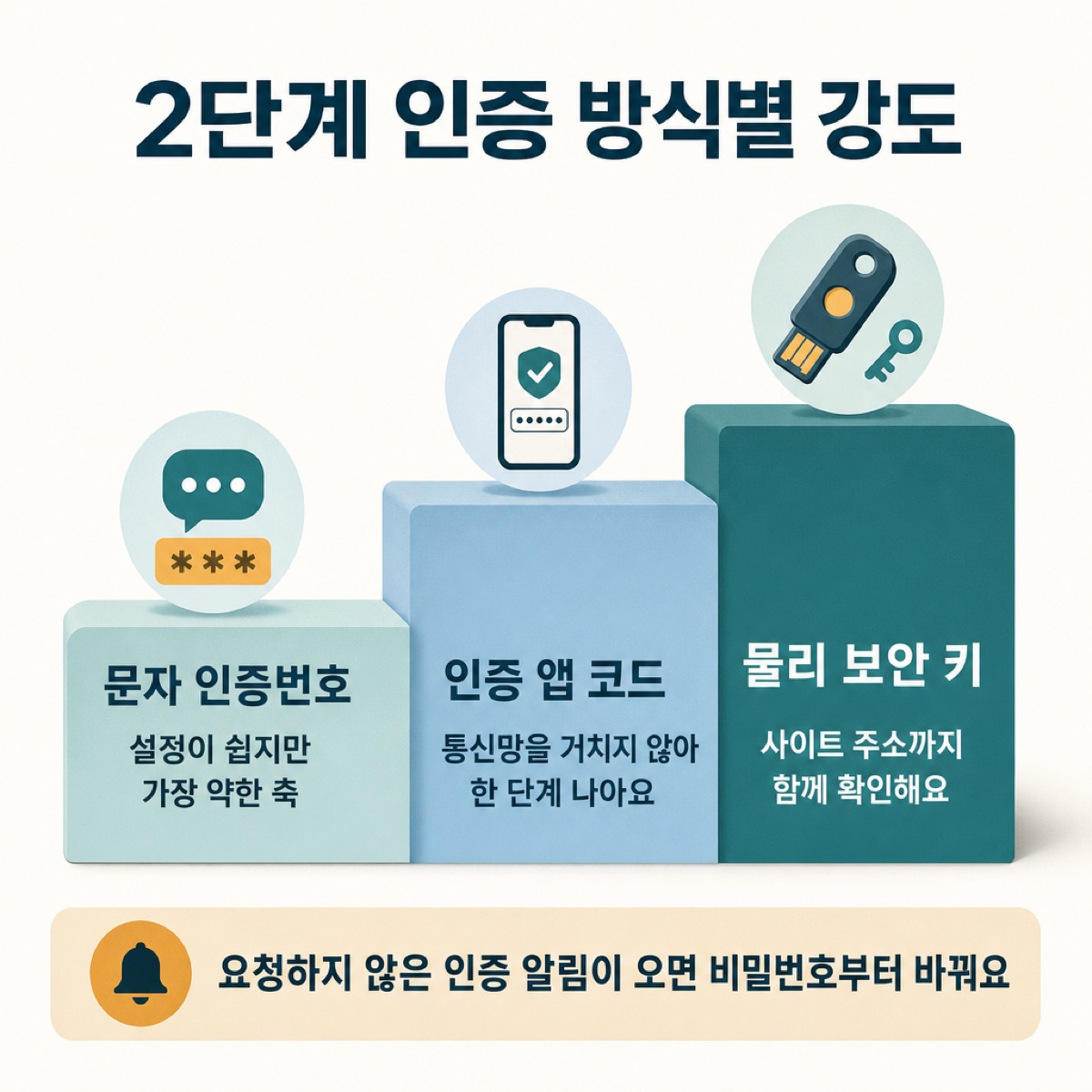 2단계 인증 방식별 강도를 계단으로 — 문자 인증번호(가장 약함)·인증 앱 코드·물리 보안 키(사이트 주소까지 확인), 낯선 알림엔 비밀번호부터