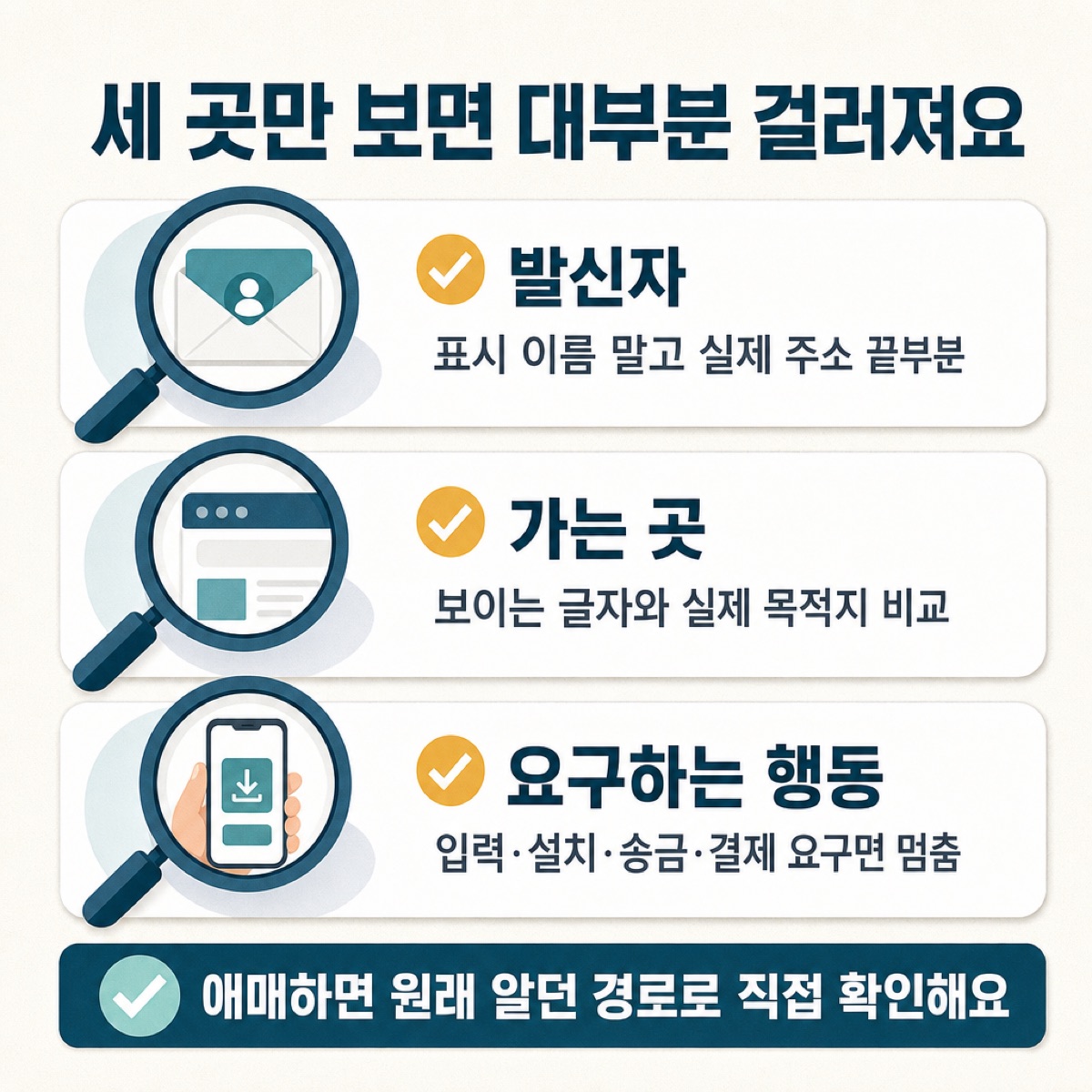 피싱을 거르는 세 곳 — 발신자(실제 주소 끝부분)·가는 곳(보이는 글자와 실제 목적지)·요구하는 행동(입력·설치·송금이면 멈춤)을 정리한 그림