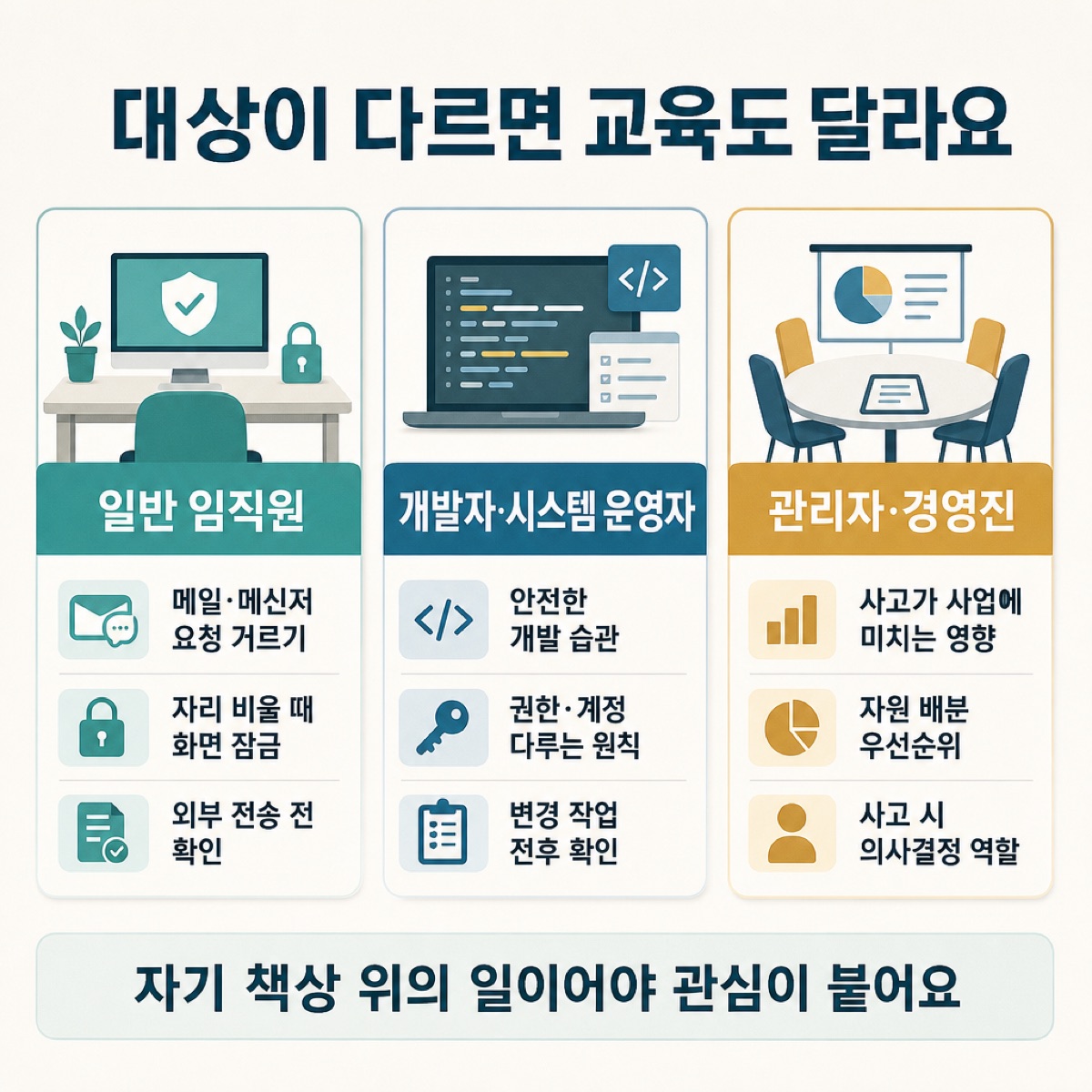 '대상이 다르면 교육도 달라요' 세 열. 일반 임직원은 메일 요청 거르기, 개발·운영자는 권한 원칙, 경영진은 사고 시 의사결정