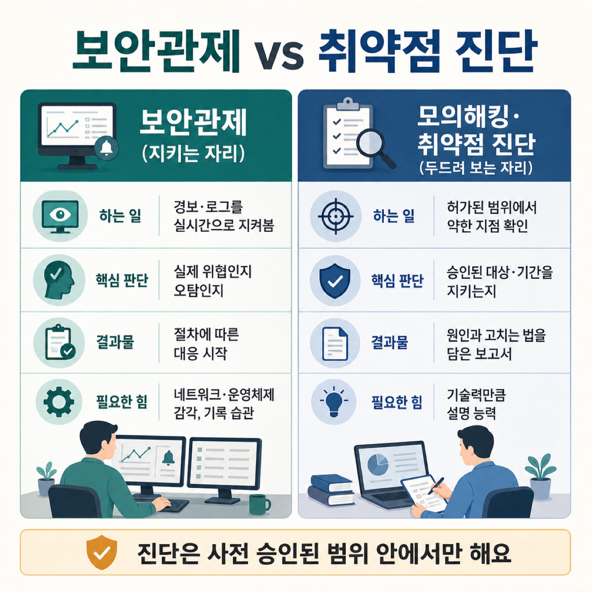 '보안관제 vs 취약점 진단' 비교. 관제는 경보·로그를 실시간으로 지켜보고, 진단은 허가된 범위에서 약한 지점을 확인해 보고서로 남긴다