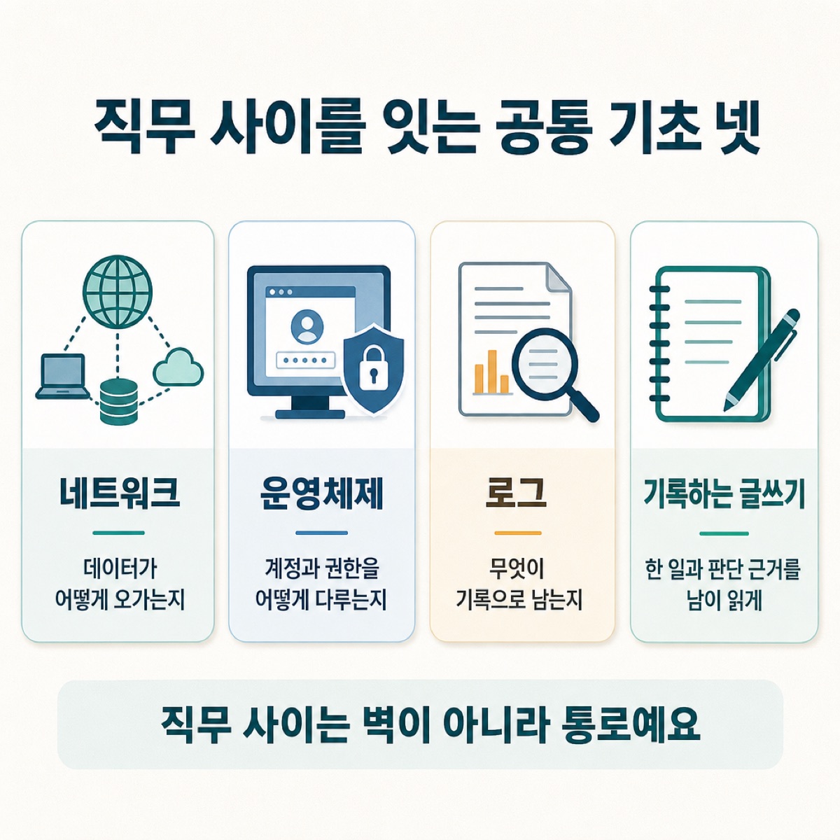 '직무 사이를 잇는 공통 기초 넷'. 네트워크, 운영체제 계정·권한, 로그, 기록하는 글쓰기 네 카드와 '벽이 아니라 통로' 문구