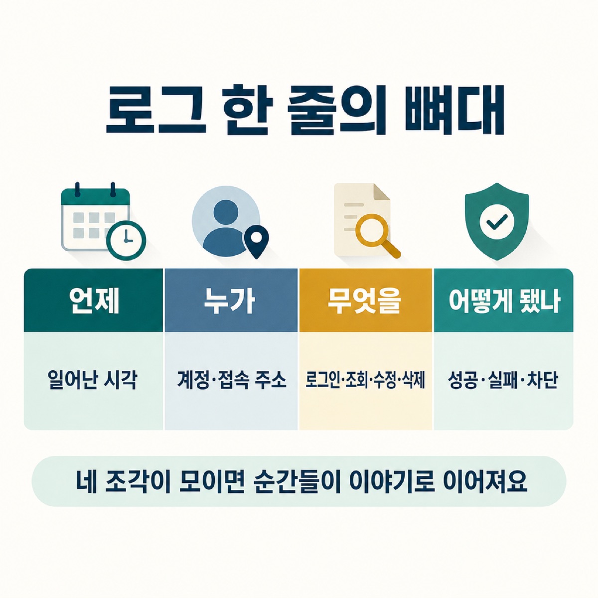 로그 한 줄의 뼈대를 언제(시각)·누가(계정·접속 주소)·무엇을(로그인·조회·수정·삭제)·어떻게 됐나(성공·실패·차단) 네 칸으로 나눈 표