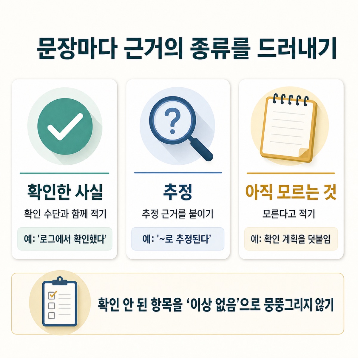 '문장마다 근거의 종류를 드러내기'. 확인한 사실은 확인 수단과 함께, 추정은 근거를 붙여, 아직 모르는 것은 모른다고 적는 세 칸