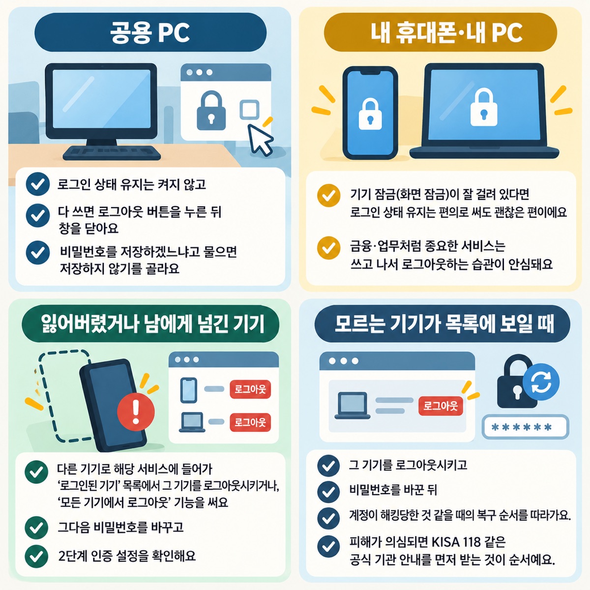 공용 PC·내 휴대폰·잃어버린 기기: 상황별로 끝내는 법 — 어떤 기기냐에 따라 신경 쓸 정도가 달라요.