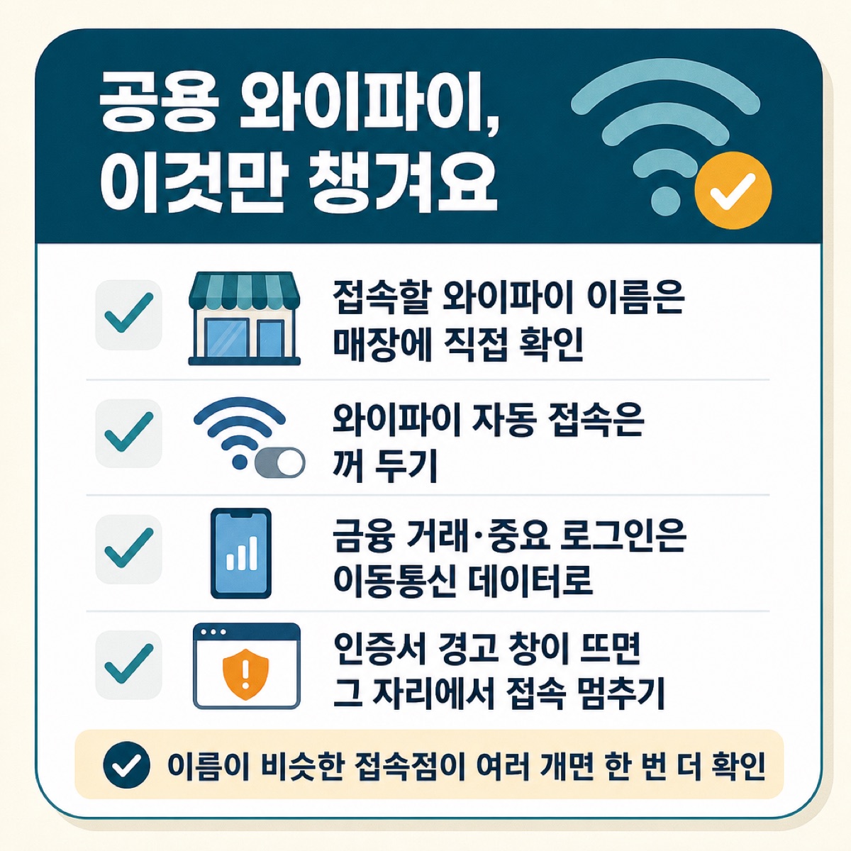 공용 와이파이 확인 목록 — 이름은 매장에 직접 확인, 자동 접속 끄기, 금융·중요 로그인은 데이터로, 인증서 경고 뜨면 접속 멈추기