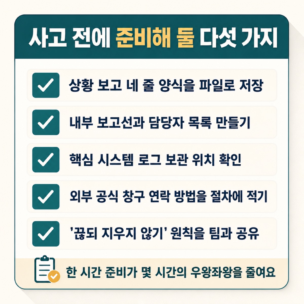 '사고 전에 준비해 둘 다섯 가지'. 상황 보고 양식, 보고선·담당자 목록, 로그 보관 위치, 외부 창구 연락법, '끊되 지우지 않기'