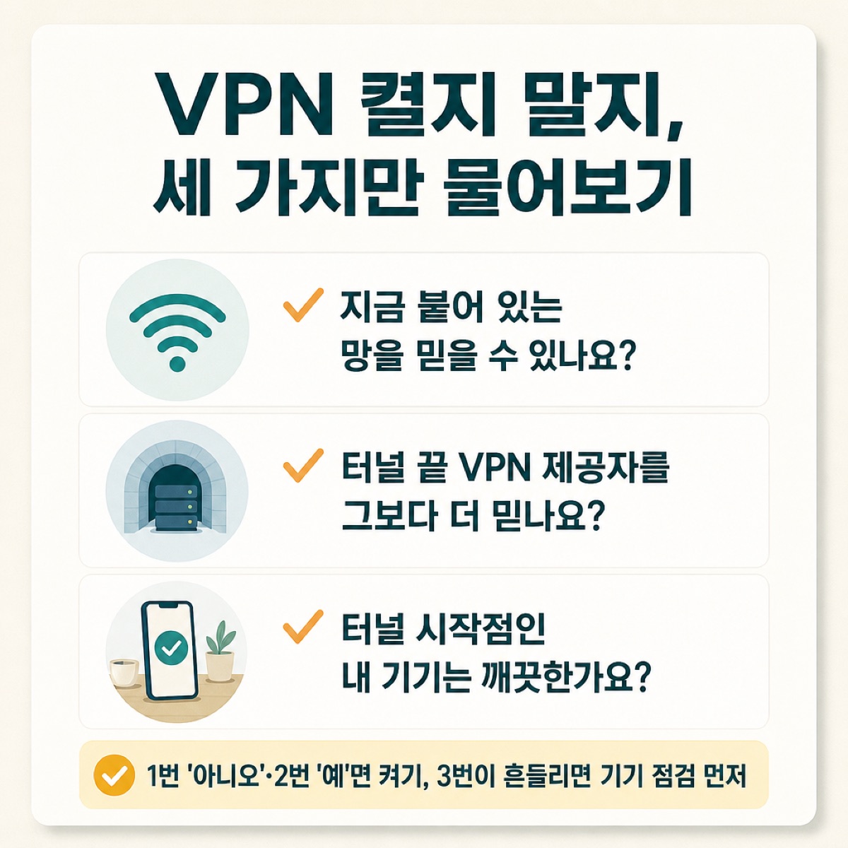 VPN 켤지 말지 세 가지 질문 — 지금 망을 믿을 수 있나, 터널 끝 VPN 제공자를 더 믿나, 내 기기는 깨끗한가와 답에 따른 판단
