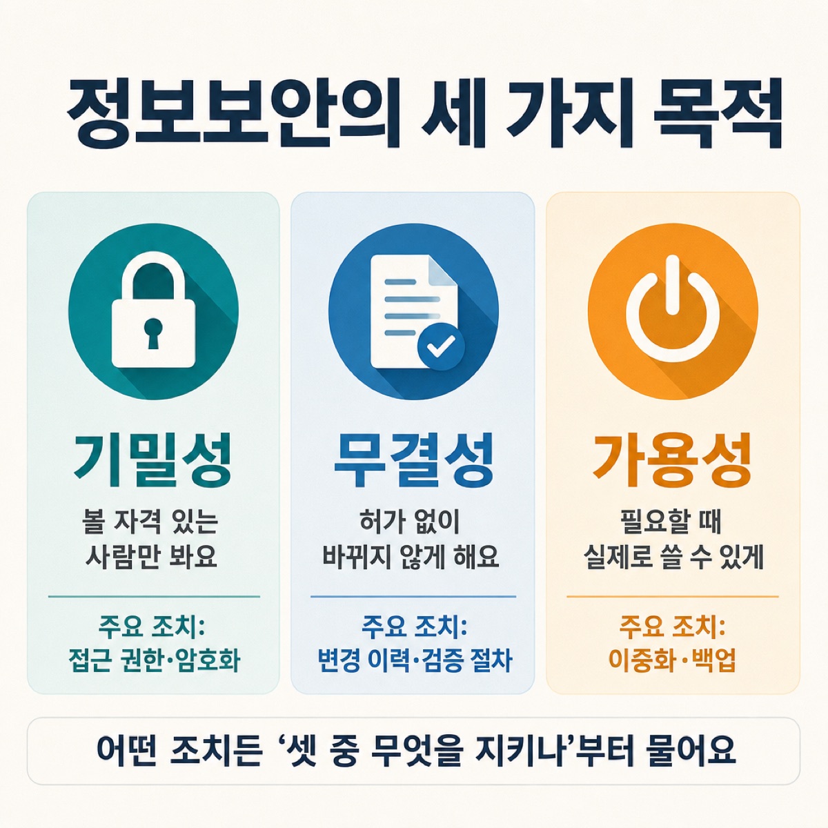 정보보안의 세 가지 목적인 기밀성·무결성·가용성을 각 뜻과 주요 조치(접근 권한·암호화, 변경 이력·검증, 이중화·백업)로 나눈 카드 그림