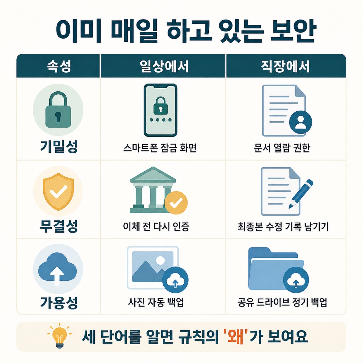기밀성·무결성·가용성을 일상(잠금 화면·이체 전 인증·사진 백업)과 직장(열람 권한·수정 기록·드라이브 백업) 예로 나눈 표