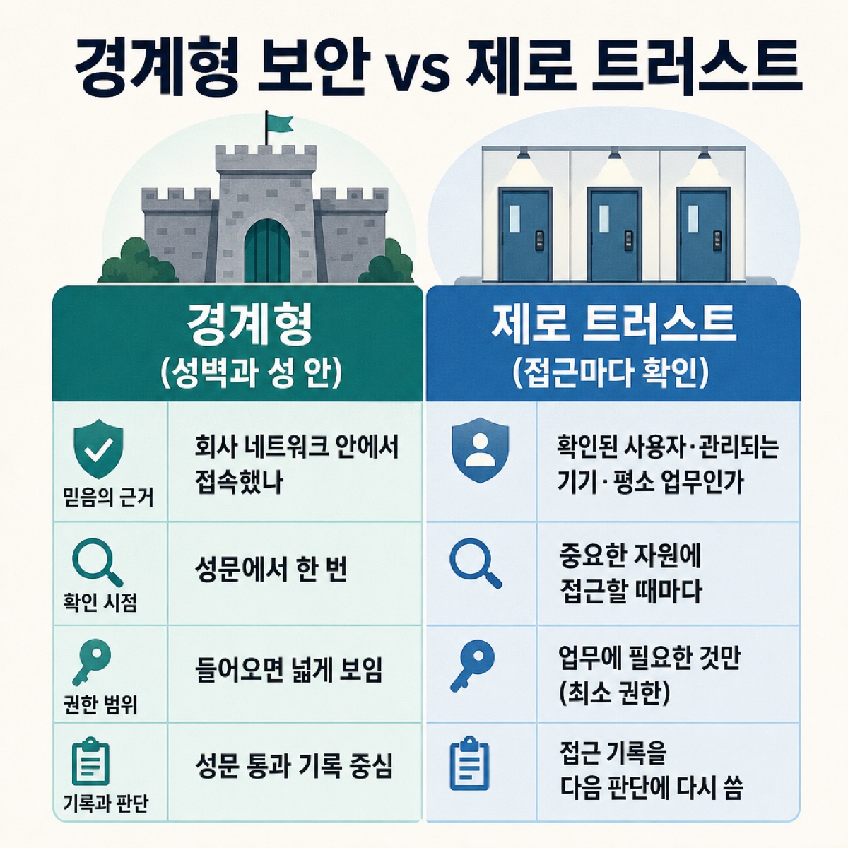 경계형 보안(성벽, 성문에서 한 번 확인)과 제로 트러스트(문마다, 접근할 때마다 확인)를 믿음의 근거·권한 범위·기록으로 비교한 표